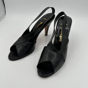 Vintage Maserati Pumps Heels Shoes Womens Size 39 Black Leather Peep Toe Strap